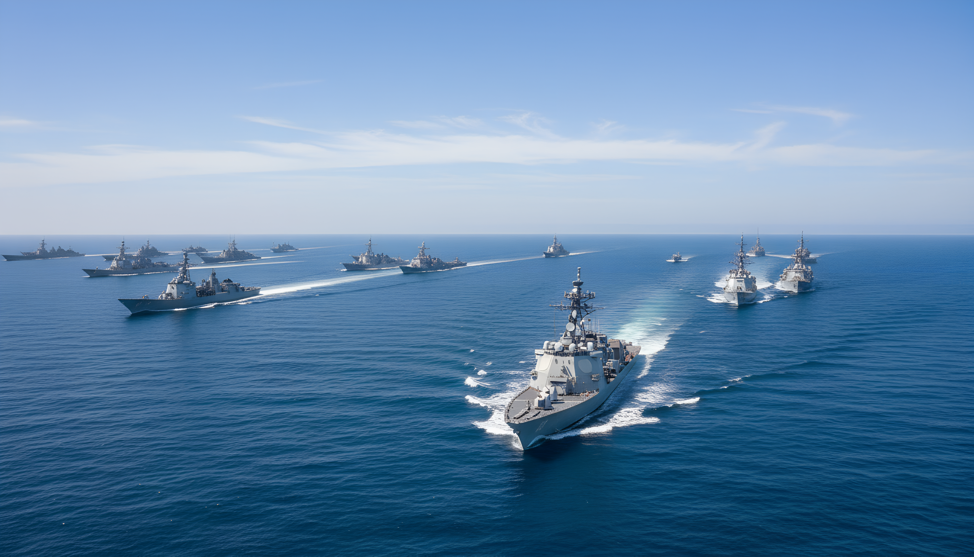 Fleet of naval vessels underway